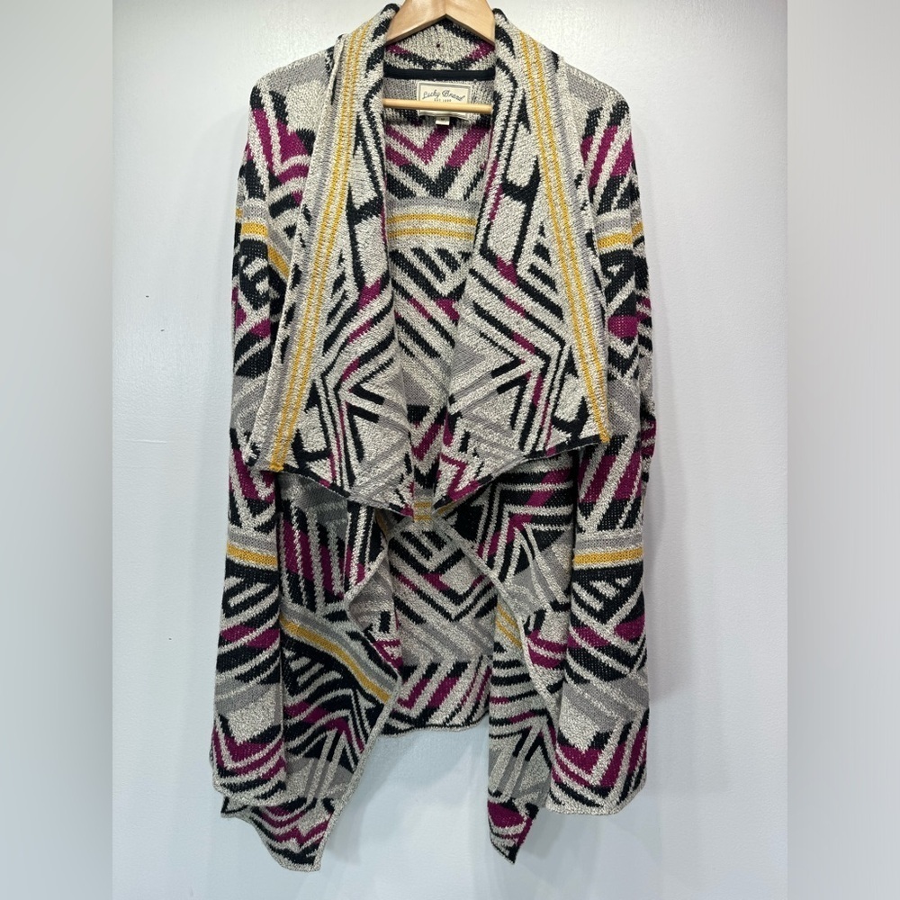 Lucky Brand Long Gray Black Purple & Yellow Aztec Design Open Front Cardigan M